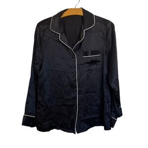 Silksilky Silk Black Button Up Pajama Top Long Sleeve Satin White Trim Sleepwear